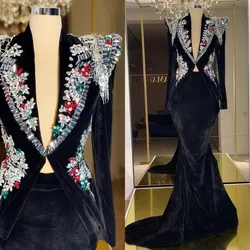 2024 Velvet Jacket & Skirt Set With Crystal Embroidery Long Evening Dresses Beading Woman Party Night Fashion Photography Gowns