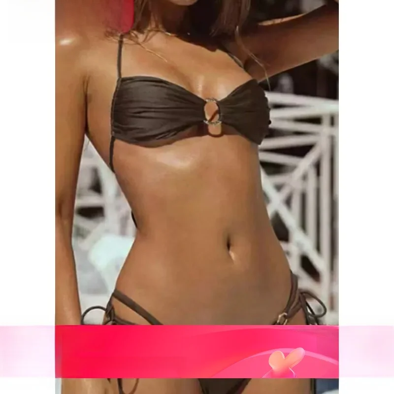 

2024 Pure Color Sexy Ring Hollow out Two-Piece Bikini Set Strapless Neck Hanging Design Nylon Material Swimsuit for Women