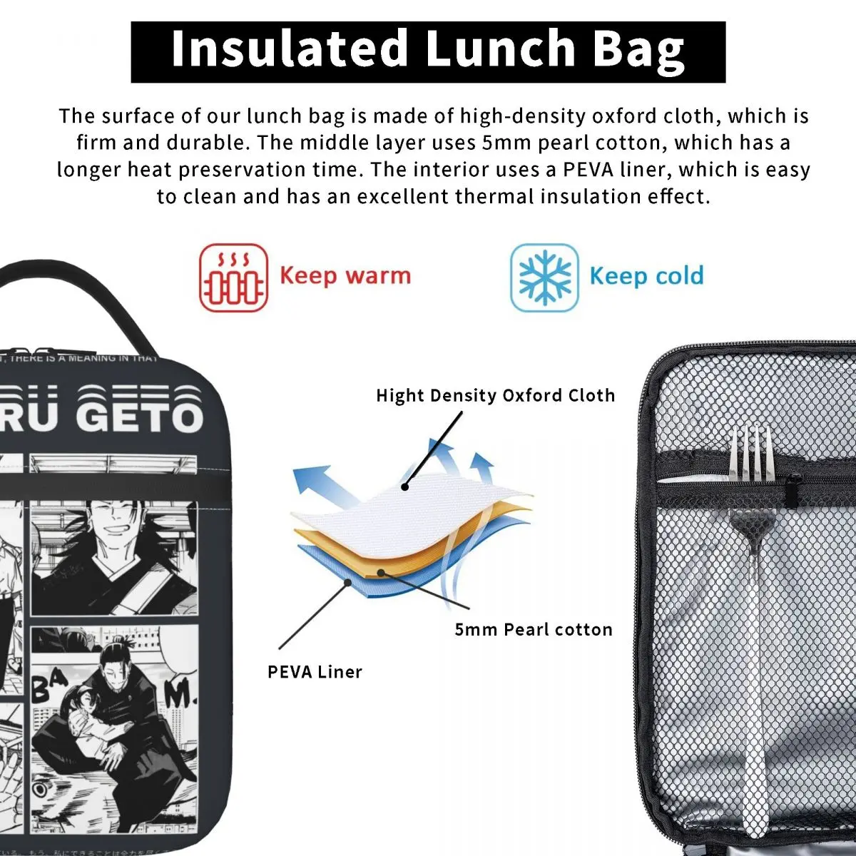 Jujutsu Kaisen-Bolsa de almuerzo de Manga japonesa Gojo Satoru, fiambrera para pícnic al aire libre para niños, bolsas de comida, bolsa refrigeradora impermeable