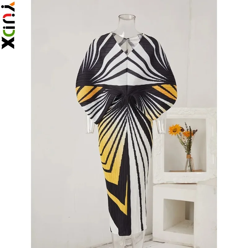 

YUDX Miyake Stripes Printing Pleated Dress Women's V Neck Batwing Sleeves Long Dresses Party 2024 Spring New Clothing