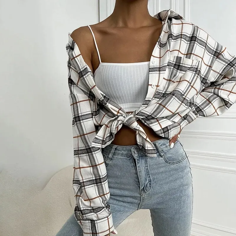 Women\'s Button Down Shirts Fashion Classic Plaid Print Blouse Long Sleeve With Pockets Business Casual Tops Woman Work Blouses