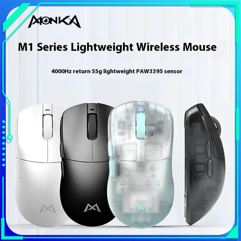 

Мышь Monka M1 Pro Max Paw3395 Беспроводная с датчиком, легкая игровая с тремя режимами, с низкой задержкой, 4K, аксессуары для ПК, подарок для геймера