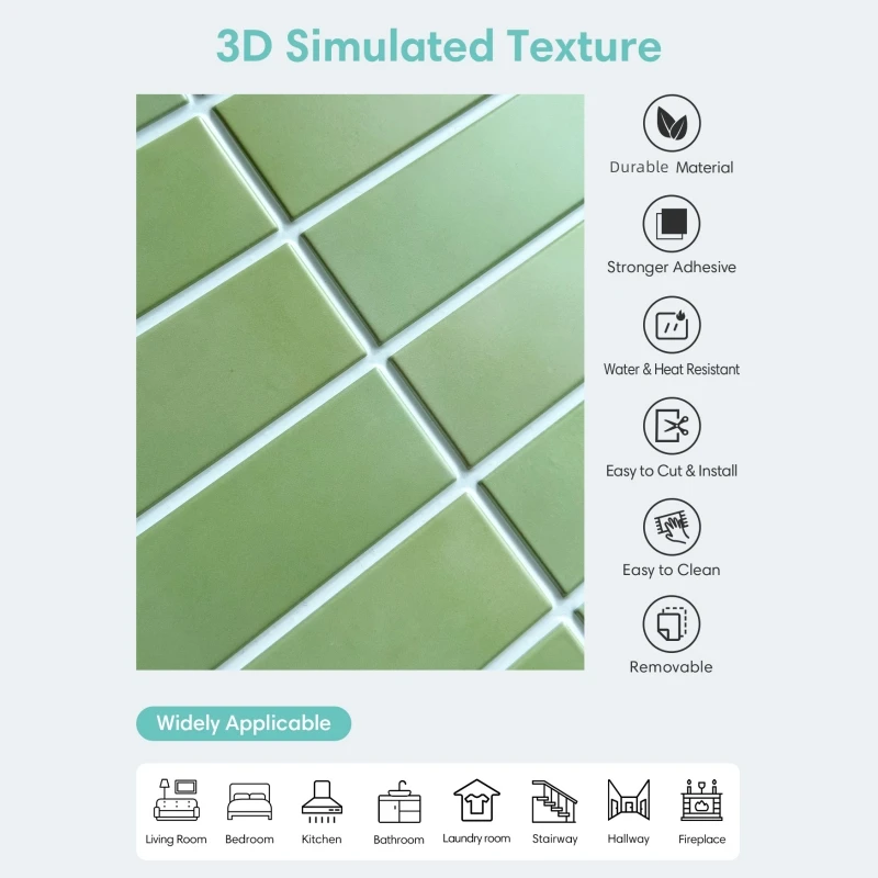 Autocollant de carrelage mural vert 3D Peel and Stick pour HOWall, dosseret de cuisine, panneau mural auto-adhésif étanche