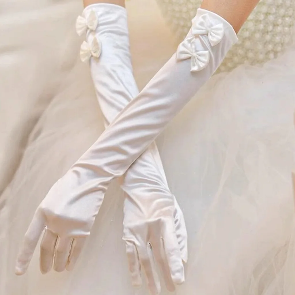 

Flower Girls Gloves Pageant Satin Bowknot Wrist Long Lace Wedding Dress