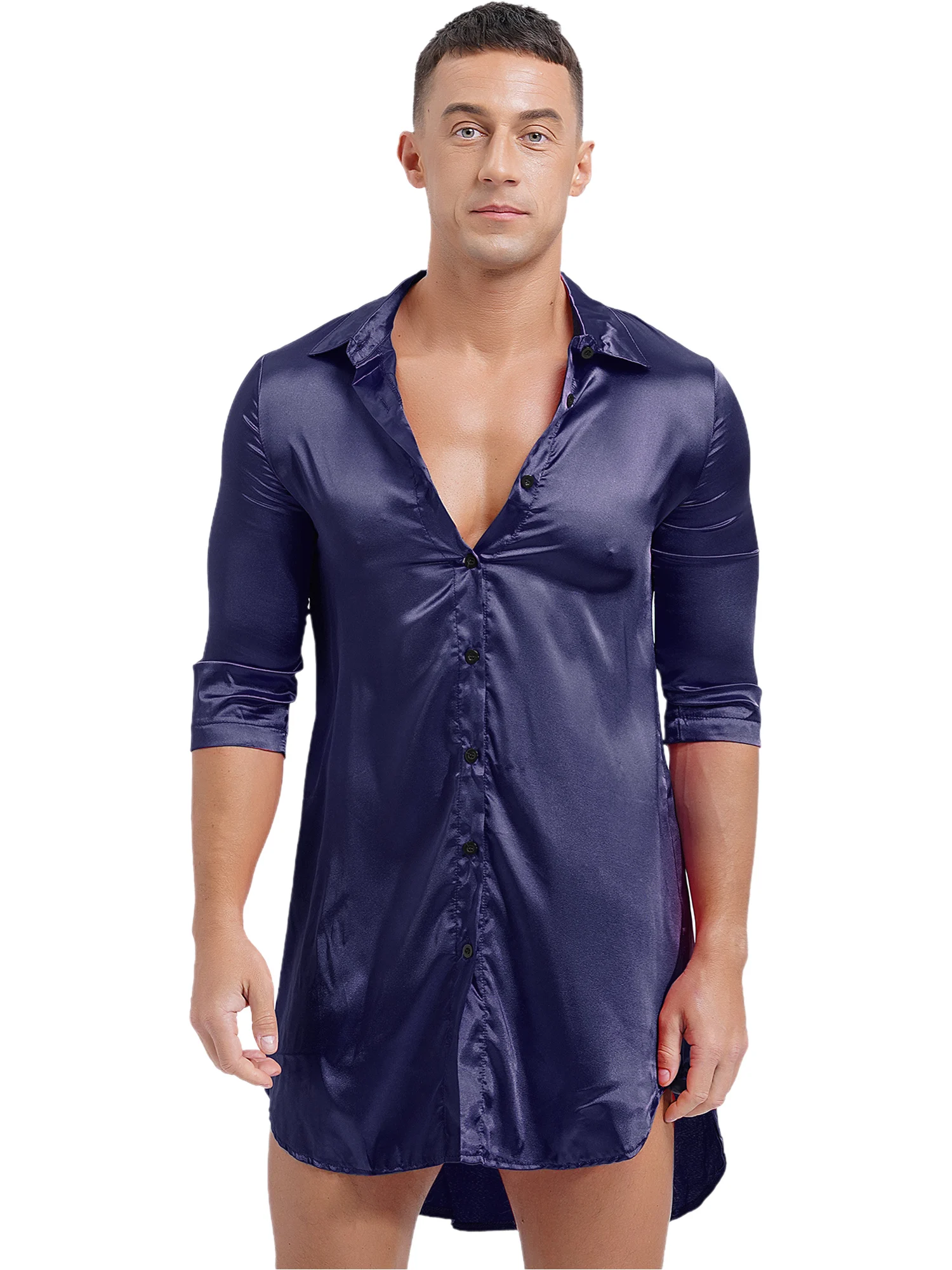 Mens Womens Satin Nightshirt Nightgown V Neck Half Sleeve Sleepwear Nightclothes Glossy Loose Night Robe Homewear Nightwear