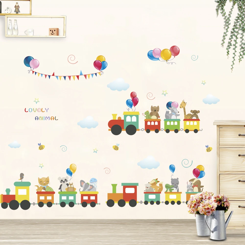 Cartoon Animals Ride On Small Trains Bedroom Decals Wall Stickers For kids Rooms Children Bedroom Wall Decals 3d vivid Poster