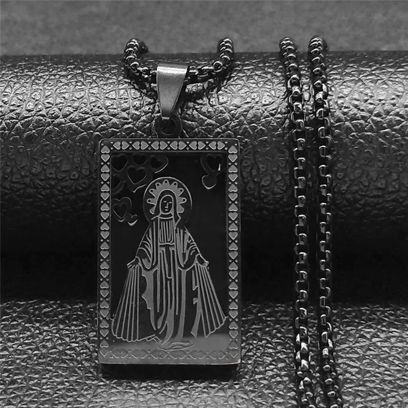Hip Hop Blessed Virgin Mary Medal Stainless Steel Necklace Black Christian Prayer Male Chain Punk Jewelry pendentifs N7403S06