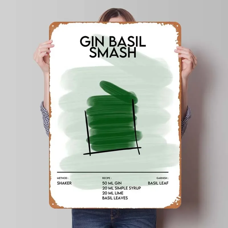 Gin Basil Smash Rusty Food Metal Poster Art Mural Retro Metal Tin Sign for Bar Restaurant Home Kitchen Wall Art Decoration Decor