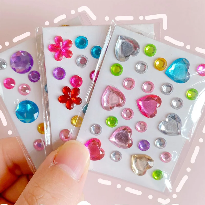 6 Sheets/Set Diamond Self Adhesive Acrylic Rhinestone Sticker Love Heart/ Round/ Flower Shape Handmade DIY Stickers Decoration