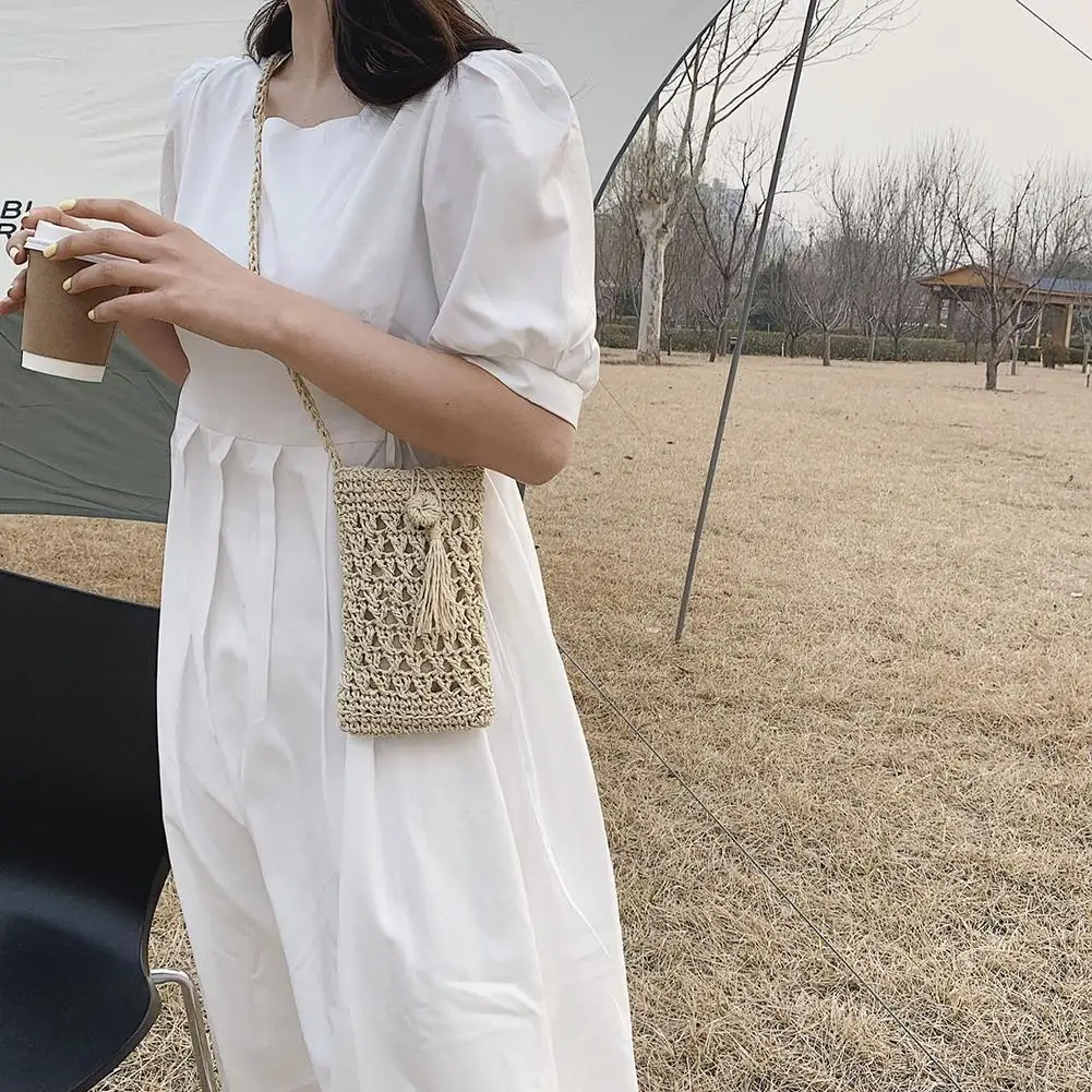 أنثى خمر حقيبة الهاتف Crossbody القش حبل المنسوجة يدويا عطلة محفظة صغيرة المرأة عادية الهاتف المحمول الحقيبة الشارع الشهير