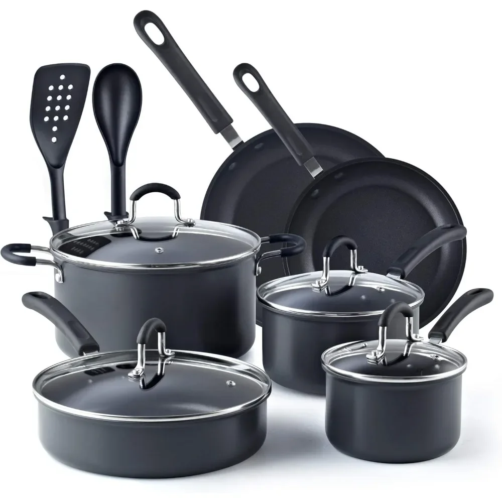 

Pots and Pans Set Nonstick Professional Hard Anodized Cookware Sets 12-Piece, Dishwasher Safe with Stay-Cool Handles Black