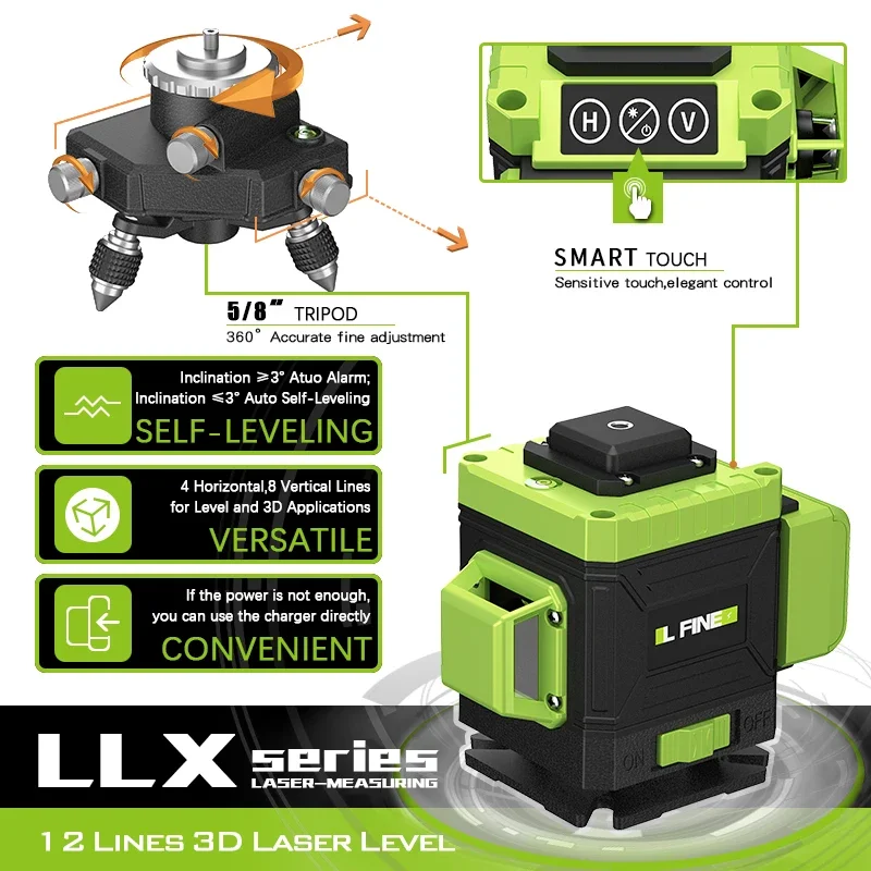 L-FINE 8/12/16 Lines 3/4D Laser Level green line SelfLeveling 360 Horizontal And Vertical Super Powerful green Beam laser level