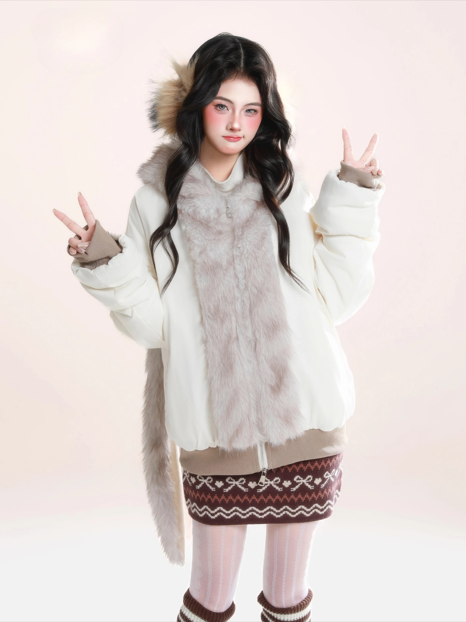 Japonês doce kawaii menina inverno fofo casaco de pelúcia bonito coelho orelhas longas com capuz zíper grosso quente curto parkas jaqueta para mulher