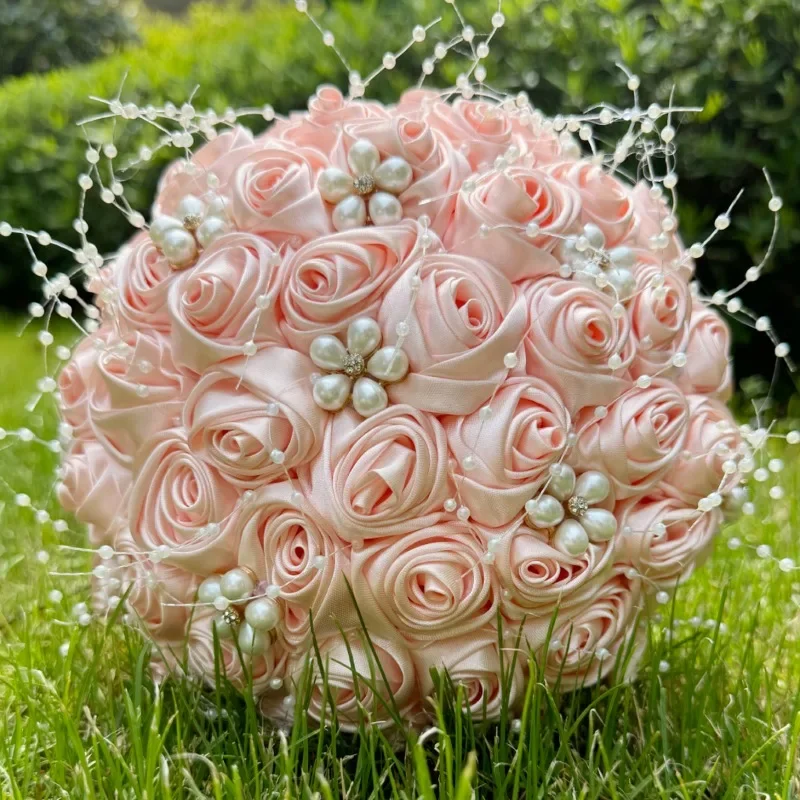 1pc Silk Rose Wedding Bouquet for Bride Bridesmaid Bouquet Pearl Ribbon Valentine's Day Confession Party Church Decoration Prop image 4