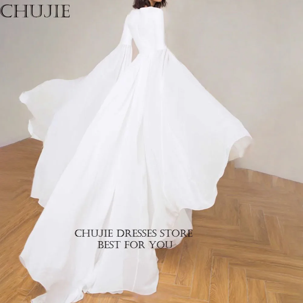 

White Modest Ruffle Sleeve Bridal Gowns V Neck Chiffon Wedding Dresses Woman Elegant Customized Bride Dress Vestido de novia