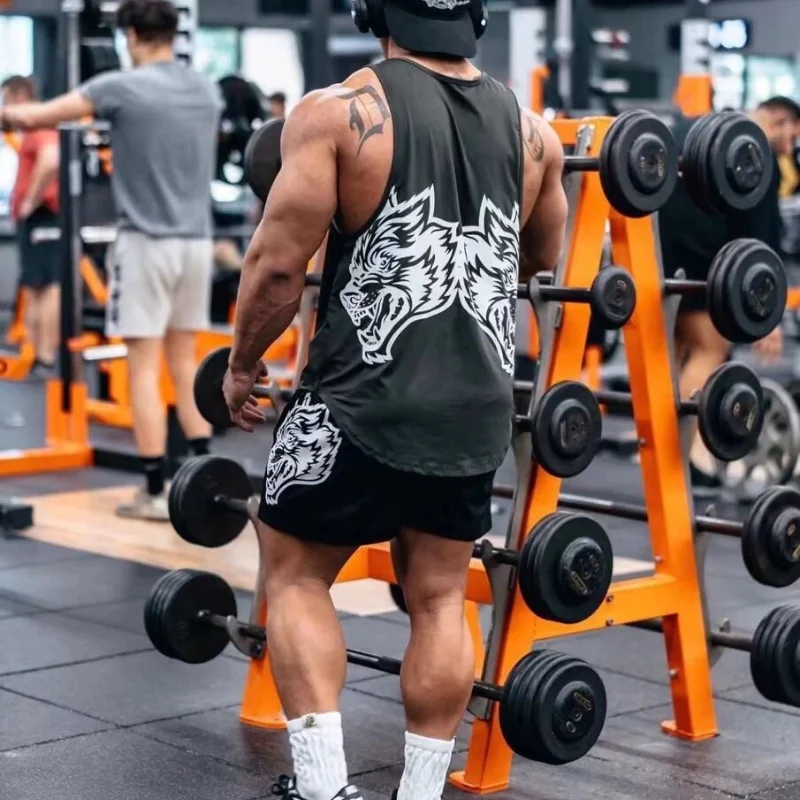 سترة رجالية بدون أكمام على الطراز الأمريكي، فضفاضة، بتصميم رأس ذئب، سريعة الجفاف، للرياضة والصالة الرياضية والاستخدام اليومي،...