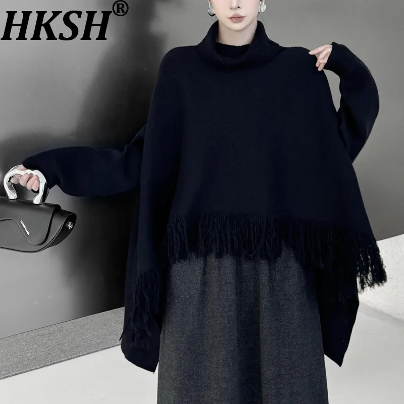 

HKSH Women Sweater Turtleneck Pullover Tassel Cape Long Sleeves Versatile Elegant Chic High Street Oversized Knitted Top HK19132