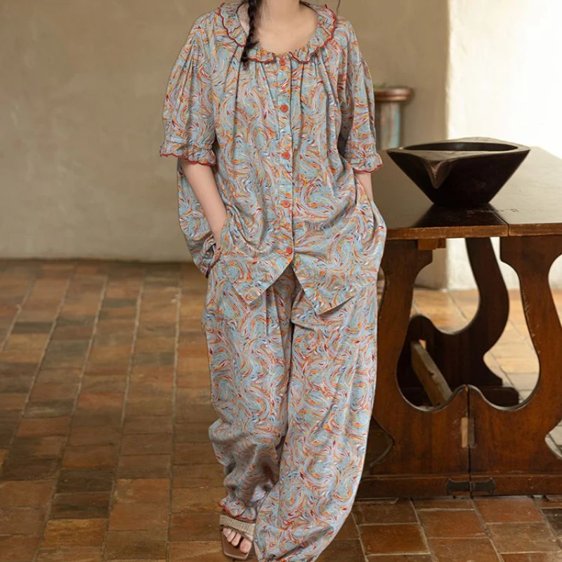 Pajama Pants Set Women's Clothing Homewear Summer New Vintage Outer Wear Comfortable Casual Fashion Breathable Loose Fit Large