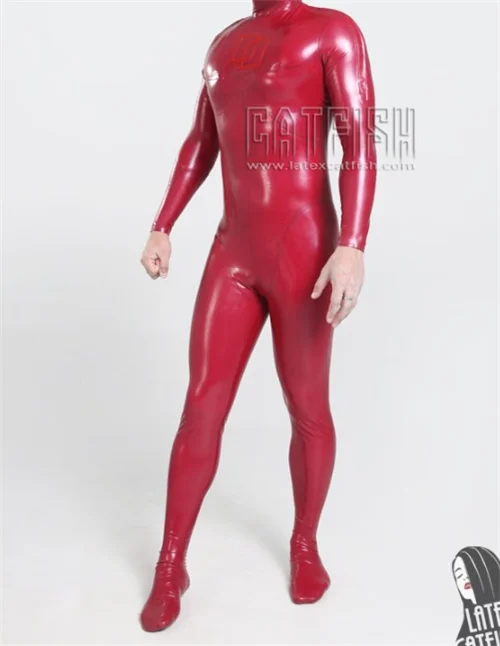 100% Latex Rubber Rot Catsut Anzug Kostüm  Suit Tight  zip Sock Sexy uniform