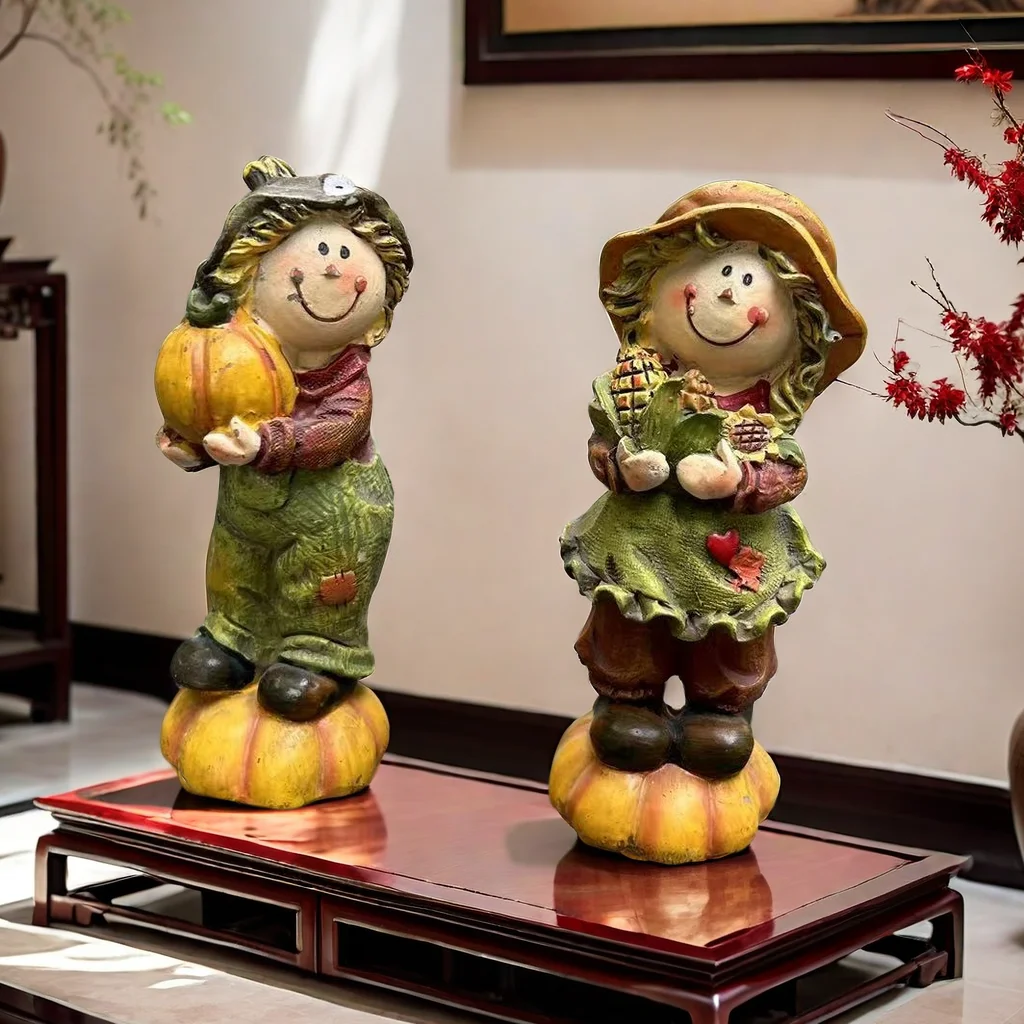 American Rural Scarecrow Harvest Festival Holding Pumpkin Corn Children Tabletop Doll Ornaments Resin Crafts