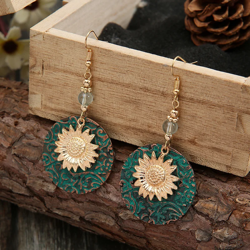 2022 New Product Retro Bohemian Color Separation Double Sunflower Delicate Pattern Earrings Retro Fashion Drop Earrings