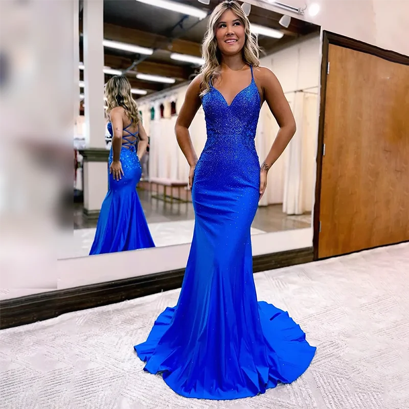 Elegante vestido de noite frisado para mulheres, até o chão, vestidos de baile, cintas de espaguete, costas com cordões, sereia, azul