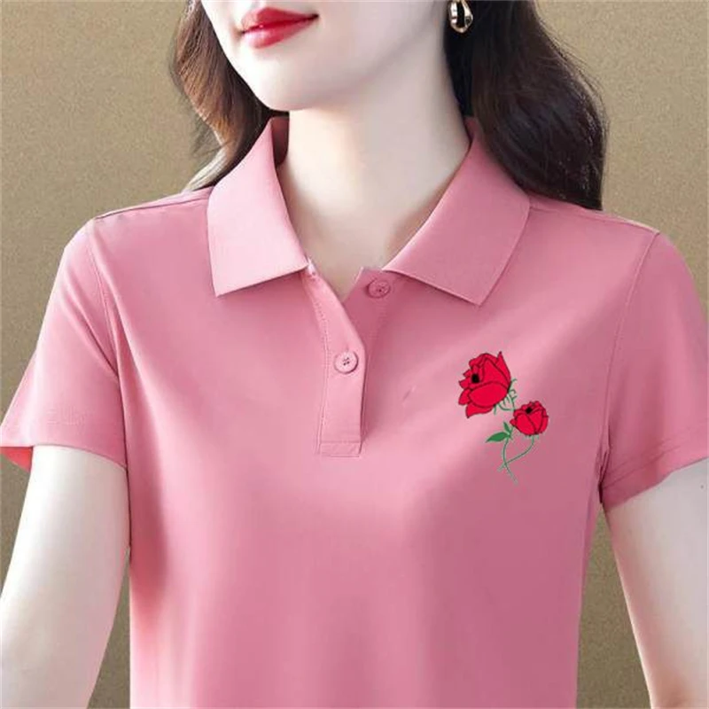 Women Fashion Short Sleeve Floral Print Tees Elegant Polo Collar T-shirt 2024 Summer Casual Slim Button Basic Tops Ropa De Mujer