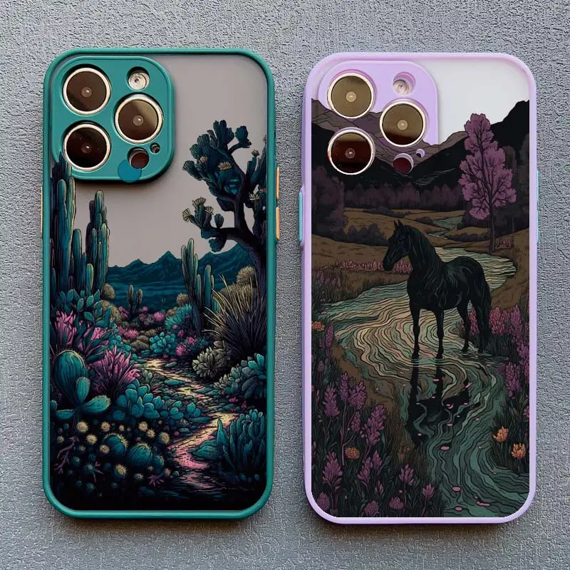 Forest Sunset Landscape Painting Phone Case For iPhone 16 11 13 12 Mini 15 Pro Max 14 7 8 Plus XR XS SE2 Beautiful Flower Cover