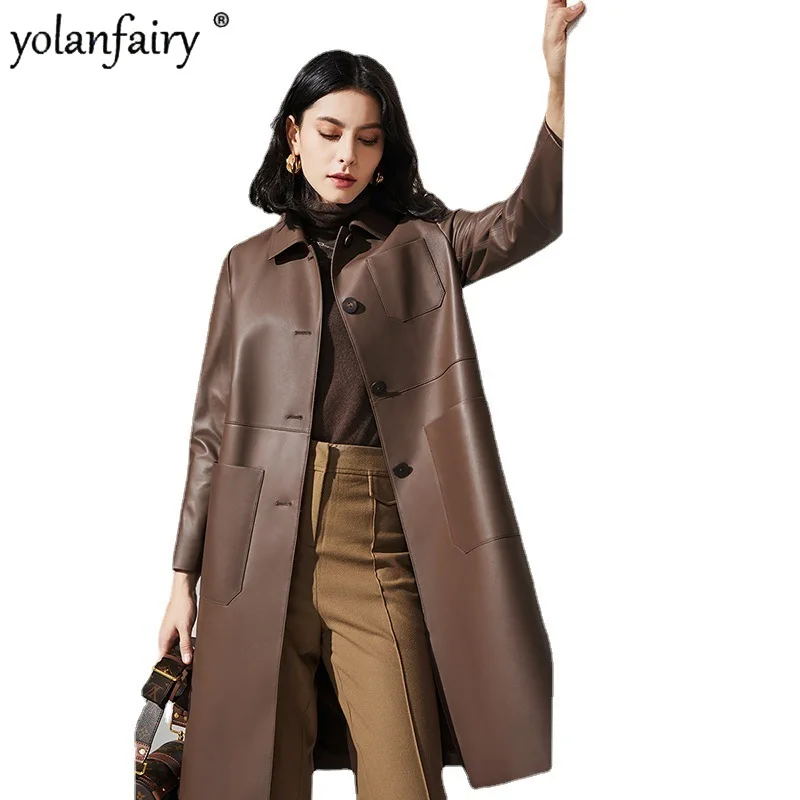 

2023 Natural Genuine Sheepskin Jacket Fashion korean Spring Autumn Leather Clothing Female Mid-long Trench Coat for Women Loose