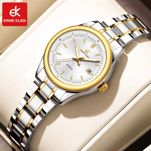 Reloj ERNIE KLEIN para mujer, reloj dorado de lujo, OriginalDate Week, acero inoxidable, resistente al agua, luminoso, elegante, relojes para mujer