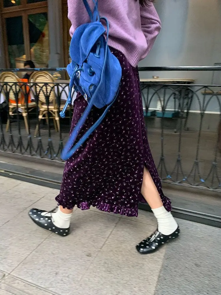 Vintage Jupe Velvet Floral Skirts Women High Waist Slim Fit Ruffles Saia Korean Temperament Long Skirt 2026 Faldas Mujer De Moda