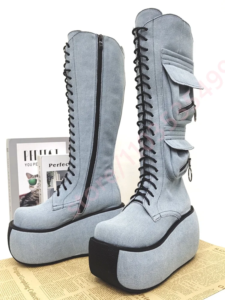 Women's Denim Platform Knee-High Boots 2026 Street Style Lace-Up Cargo Pocket Boots Y2K Gothic Punk Stage Boots