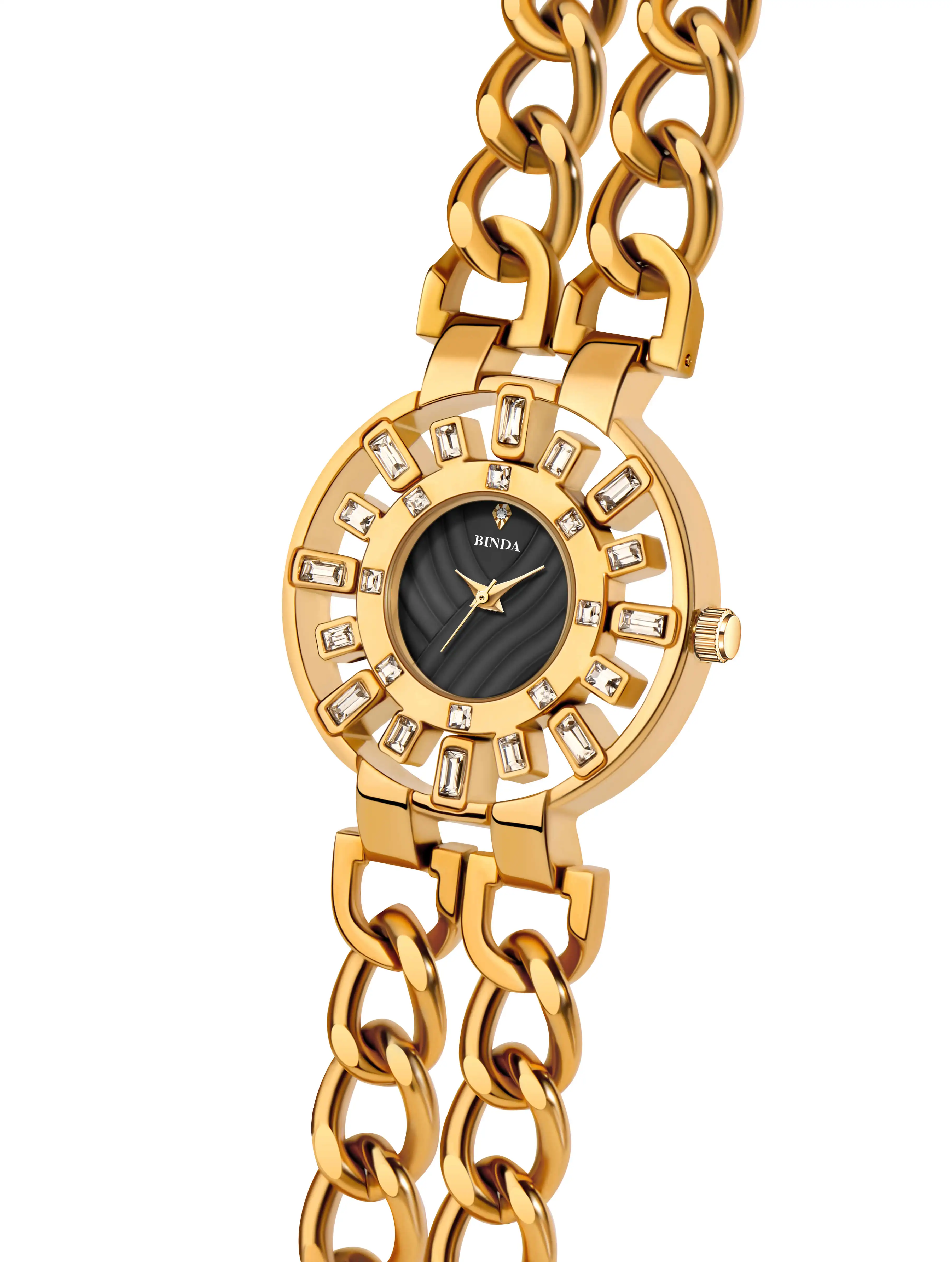 【Binda】قطعة واحدة من سوار كوارتز نسائي - حزام سلسلة ذهبية، مينا كريستال منقوش ثلاثي الأبعاد، ساعة عصرية فاخرة مع صندوق هدايا