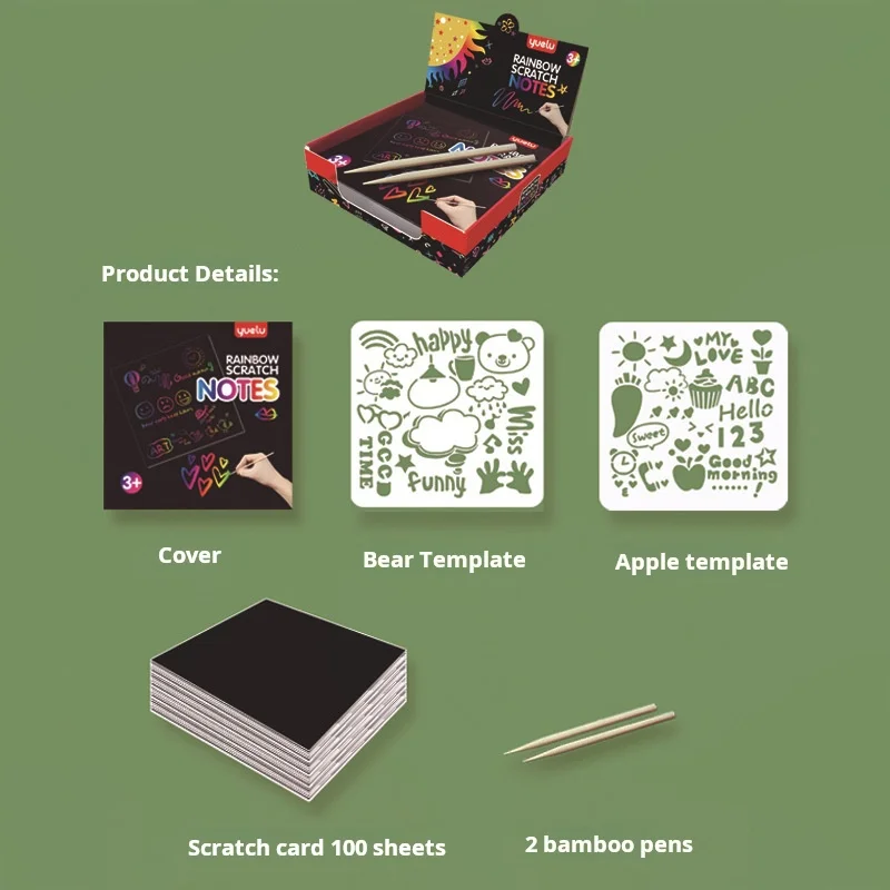 100 Uds Arco Iris Scratch Mini notas tarjetas de papel con plantilla de dibujo niños DIY dibujo pintura juguetes educativos regalos