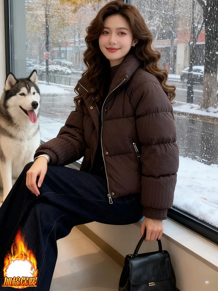 

Korean Sle Commuter Thiened Fce Jaet Women's Winter Warm Zipper ket Outerwear Loose Fit Long Sve ort Coat