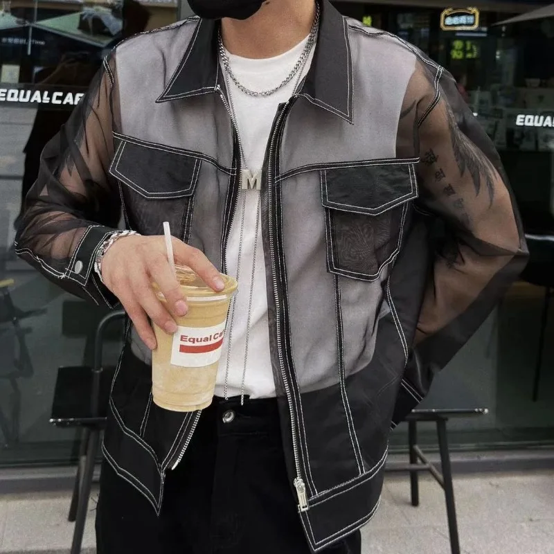 

Fashion See-through Thin Jacket Sun Protection Coat Men Summer High Quality Design Zip Up Jacket Loose Streetwear Black Grey New