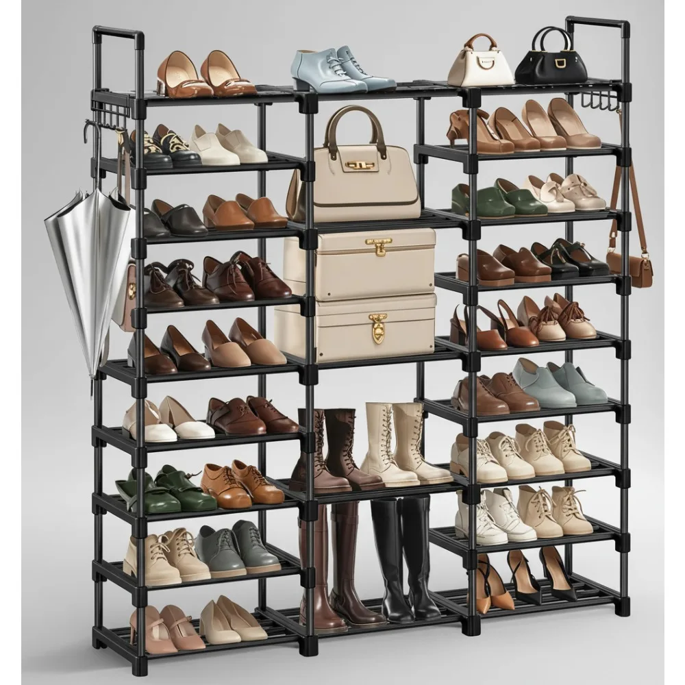 

9-уровневый шкаф для хранения обуви с крючками, компактный органайзер на 50 пар — идеально подходит для семей и небольших помещений