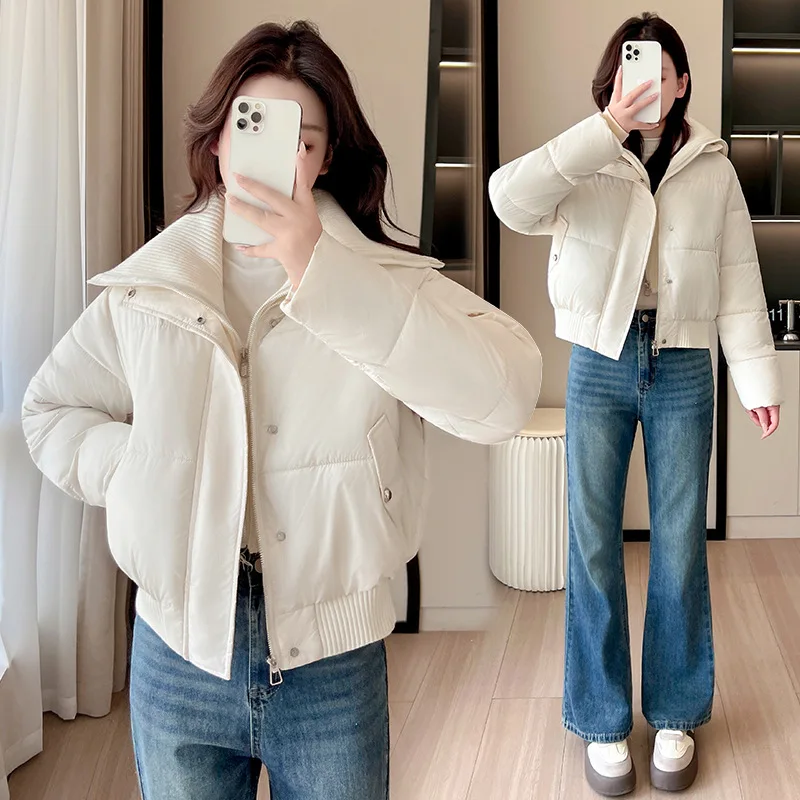 Women Parkas Overcoat Short Coat Solid Zipper Long Sleeve Turn Down Collar Straight Loose Fit Office Lady Casual Winter 2025