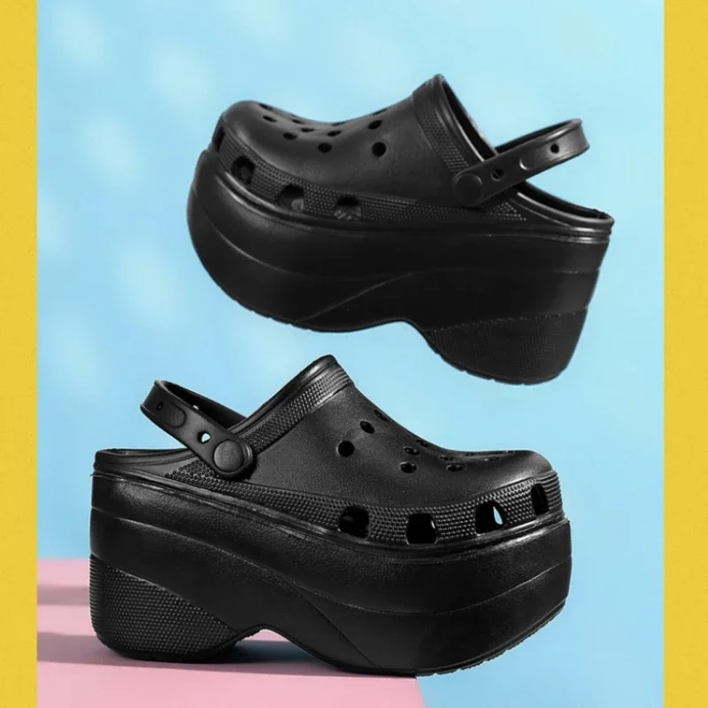 Sandalias de Plataforma y zuecos negros para mujer, sandalias de aumento de 10cm, zapatillas de jardín con cuña, sandalias deslizantes de moda