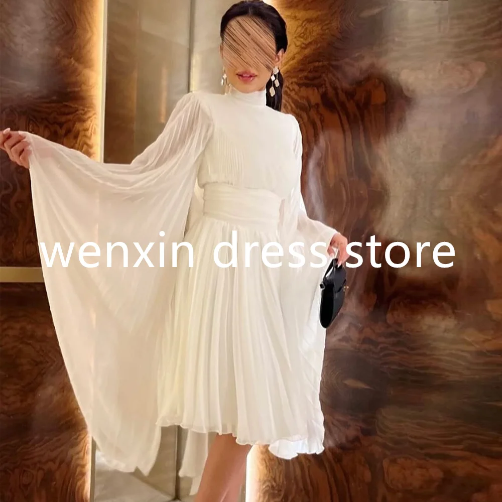 Simple Straight White Tea Length High Collar Chiffon Long Sleeves Evening Dress Elegant Pleats Saudi Arabia Homecoming Grows