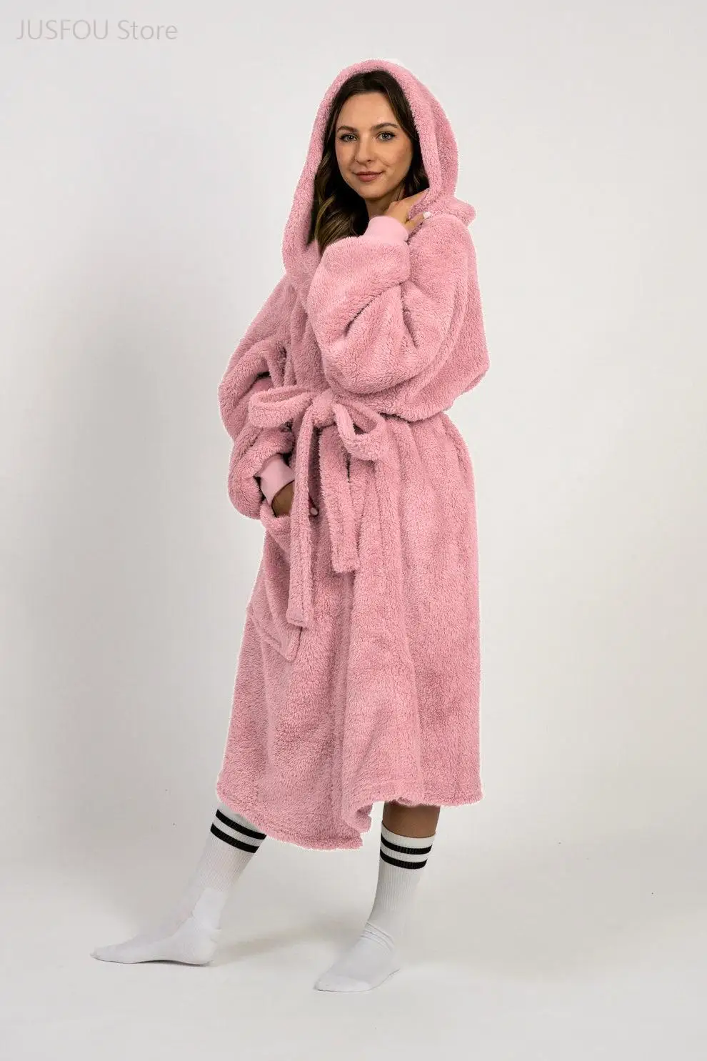 Men Autumn Winter Hooded Bathrobe Thicken Warm Coral Fleece Kimono Robe Loose Long Sleeve Sleepwear Casual Home Loungewear Gown