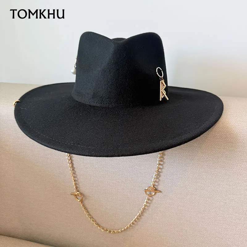 New Trend Winter Fashion RB Letter Cowboy 100% Wool Hat Women Men Panama Jazz Hat Outdoor Warm Holiday Wedding Dinner Luxury Hat