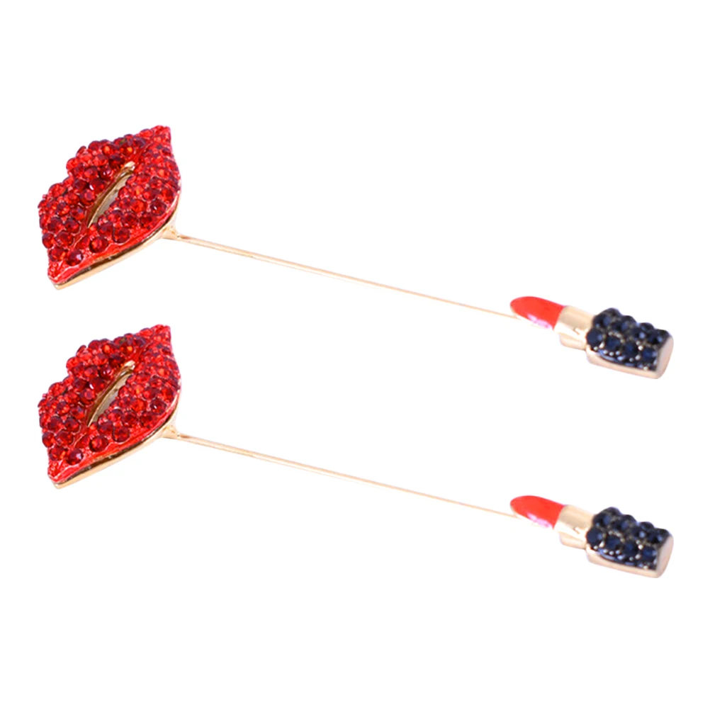 

2pcs Lip Lipstick Rhinestone Brooch Sturdy Scarf Shawl Hat Pin Durable Clothing Badge Women Fashion Lapel Suit Ornament Gift