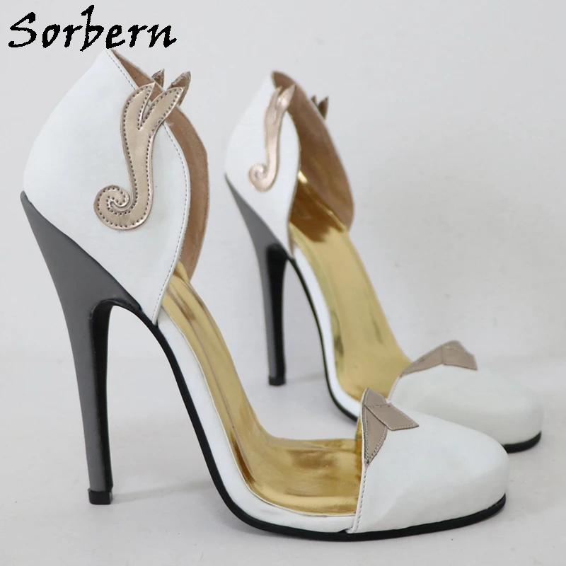 Sorbern Witte Tweedelige Vrouwen Pomp Schoenen Ronde Neus Hoge Hak Bladeren Slip Op Stiletto Sissy Jongen Multi Kleuren 16Cm Custom