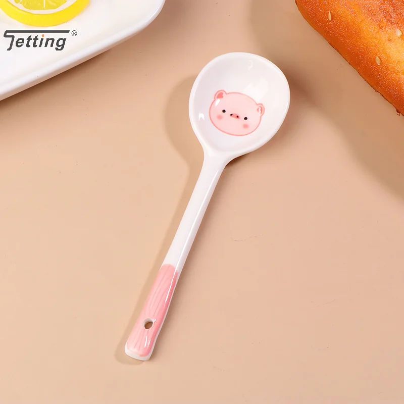Kawaii خنزير السيراميك ملعقة شوربة لطيف الآيس كريم ملاعق رسمت باليد القهوة الحلوى مقبض طويل ملعقة اكسسوارات المطبخ
