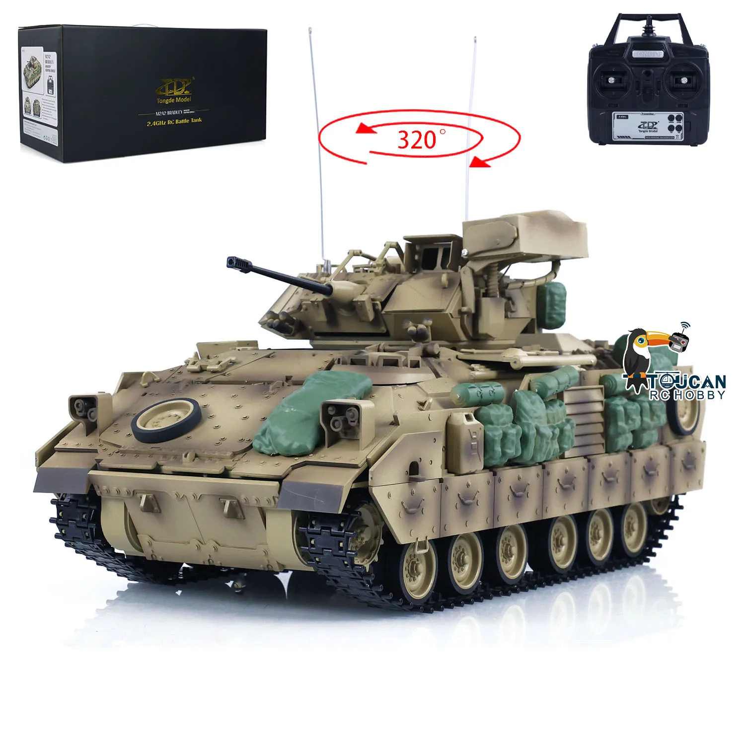 Stock en EE. UU. Tongde M2A2 1/16 escala RC tanque de batalla Bradley vehículo de batalla infrarrojo eléctrico No BB 320 grados torreta modelo juguetes regalos