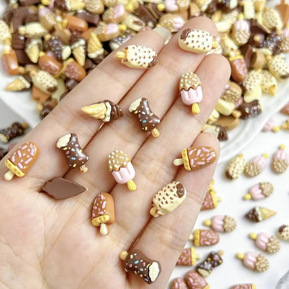 Random Mixed Resin Simulation Chocolate Flavored Ice Cream Nail Charms 3D Kawaii Nut Cone Nail Art Decorations for Manicure DIY