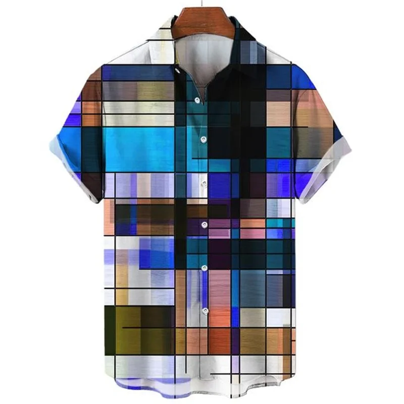 Camisa xadrez colorida impressa em 3D masculina, manga curta, blusa praia de botão, roupa masculina, moda casual, camisas havaianas, solta, venda quente