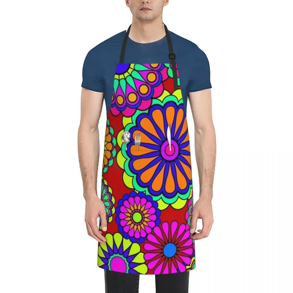 Hippy Flowers Adjustable Waterproof Apron with Pockets for Adults - Heavy-Duty Kitchen and Workshop Apron for Everyday Tasks