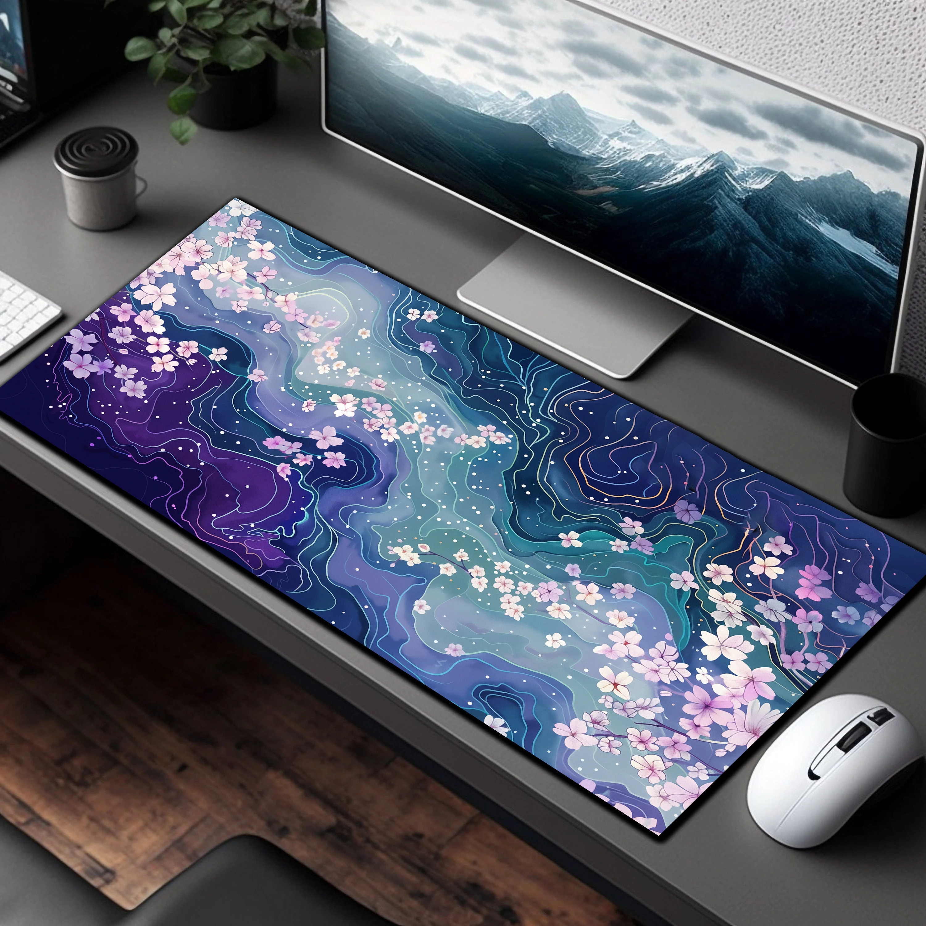 Sakura Streams Cute Desk Mat Large Mouse Pad Mouse Pads Gamer Desk Pad for Gamers or Office Non-Skid Rubber Laptop Accessories